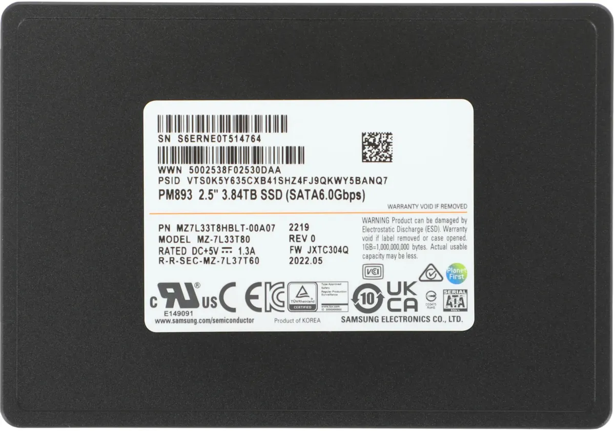 SSD накопитель Samsung PM893 MZ7L33T8HBLT-00A07 3.8ТБ, 2.5", SATA III, SATA, oem