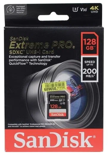 Карта памяти SanDisk SDXC 128 ГБ Class 10, V30, UHS-I U3, 1 шт., черный